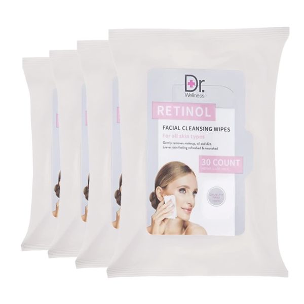 Retinol Face Wipes | 120 Retinol Wipes in 4 Packs, Good for Makeup Removal and General Facial Cleansing | Dr. Wellness