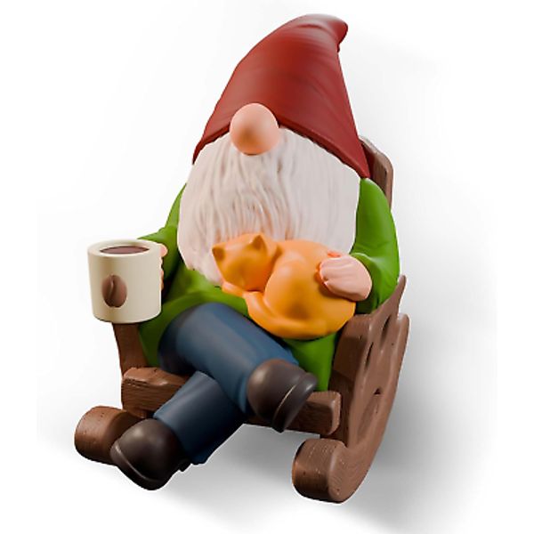 Garden Gnome Outdoor Statue Drinking Coffee Rocking Chair w Cat Outdoor Decor 6"