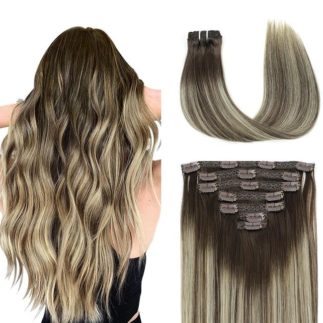 Clip in Hair Extension, 22inch 7PCS 140G Natural Black Platinum Blonde Highlight Hair Extension Thick Long Stright Layered Hair Extensions Invisible Lace Weft Hair Extensions for Women