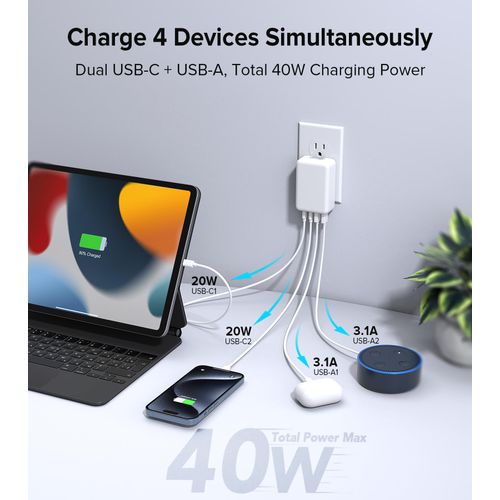 2Pack Flat USB C Wall Charger,40W 4Ports Foldable & Slim Fast Charging Block,Type C Cube Box Multiport Power Adapter Plug Brick Compatible with iPhone 16/15/14,Samsung,Pixel, AirPods4,Watch10