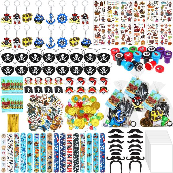 Spakon 280 Pcs Piñata Party Favors Birthday Supplies Include Piñata Keychain Ring Eye Mask Beard Tattoo Sticker Gold Coin Gems Stamp Card Bag for 16 Kids Pirate Party Decoration Piñata Goodie Fillers