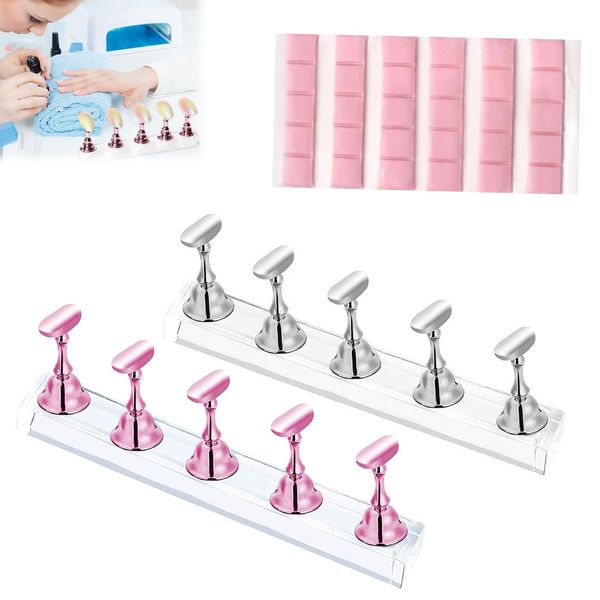 2 Sets Nail Stand Display, Magnetic Nail Tips Stand, Nail Stands for Painting Nails, Acrylic Nail Display Stand, with 30 Pcs Reusable Sticky Putty, for False Nail Manicure Tool, Pink and Silver