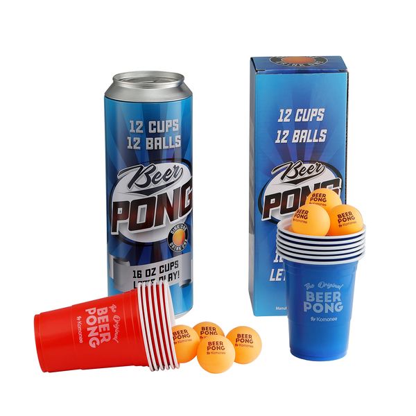 Komonee Beer Pong Novelty Gift Supersized Can American Birthday Idea Adult Party Drinking Game Including 12 Wide Rimmed Red and Blue Re-usable Cups and 12 High Bounce ABS Orange Balls