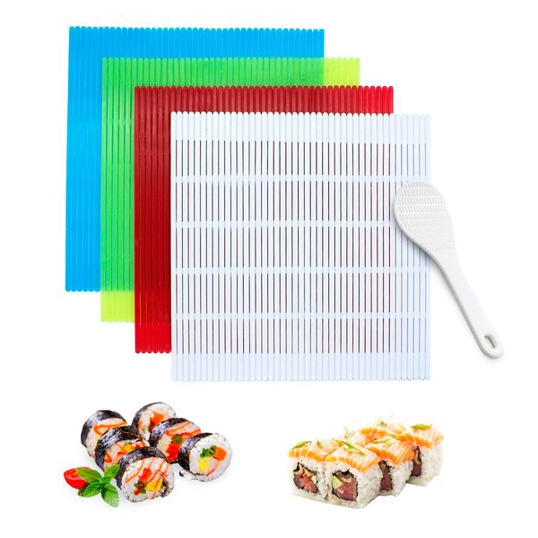 LIUCONGBD 4PCS Plastic Non-Stick Sushi Rolling Mat, Homemade Sushi Roller Maker Making Kit with Rice Paddle, Japanese Sushi Mat for Home Kitchen DIY Sushi Plate Mat