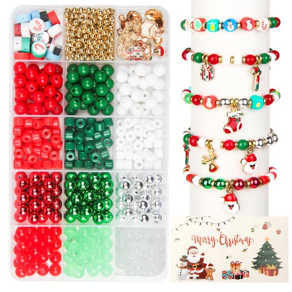 615PCS Christmas Beads for Jewelry Making, Red Green Beads for Bracelets Making Kit, Christmas Clay Beads Charms for Necklace Making Jewelry DIY Crafts Gifts for Girls Kids Adults