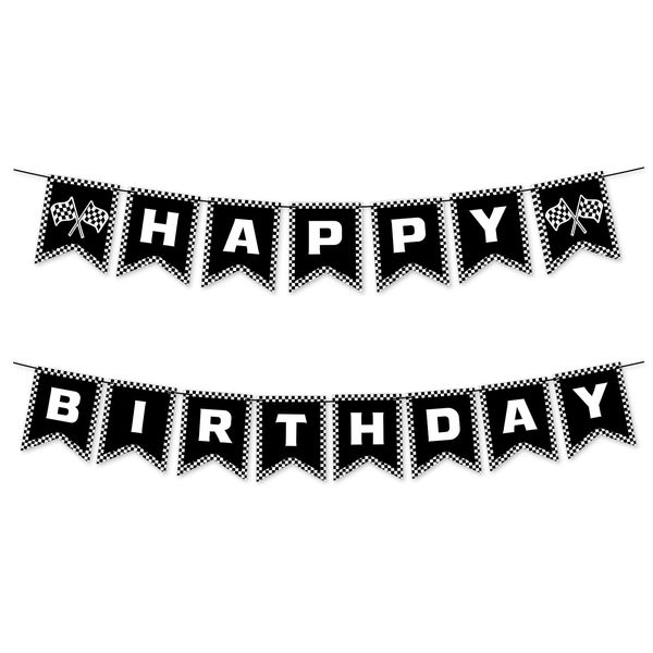 AOZUO Race Car Happy Birthday Banner, Race Car Birthday Decorations Black White Checkered Flag Banner Racing Themed Party Supplies