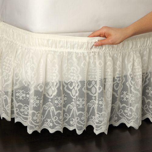 Collections Etc Lace Trimmed Elastic Bed Wrap, Easy Fit Dust Ruffle Bedskirt, Ivory, Queen/King