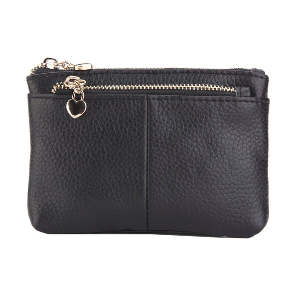 ZOOEASS Women Genuine Leather Zip Mini Coin Purse With Key Ring Triple Zipper Card Holder Wallet (Black)