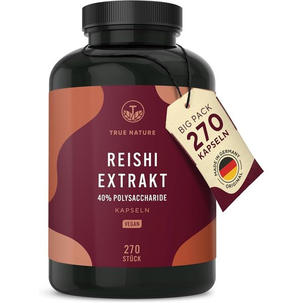 Reishi Pilz-Extrakt - 270 Kapseln (650mg) - Hochdosiert: 1950mg pro Tag - 40% Polysaccharide - 3 Monate Vorrat - Ganoderma Lucidum - Vegan, ohne Zusatzstoffe - Deutsche Produktion - TRUE NATURE®