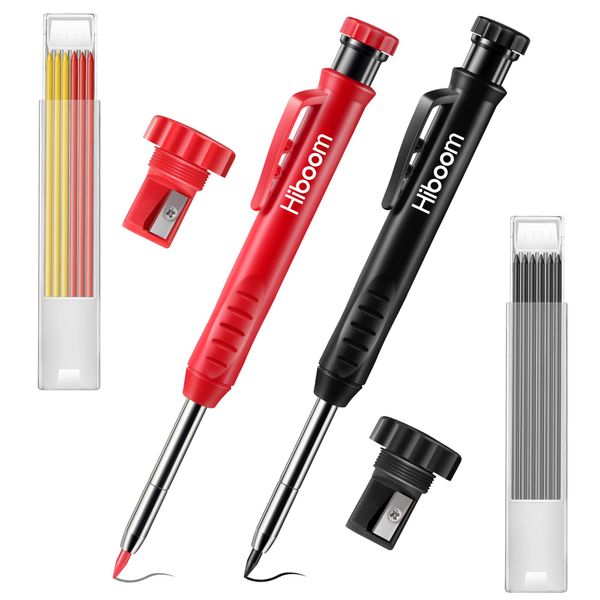 Hiboom 2 Stück Solider Tischler Bleistift mit 14 Minen, Langnasiger Tiefes Loch Mechanischer Bleistift Marker mit Eingebautem Anspitzer für Holzbearbeitung Vatertag Geschenk (Schwarz, Rot)