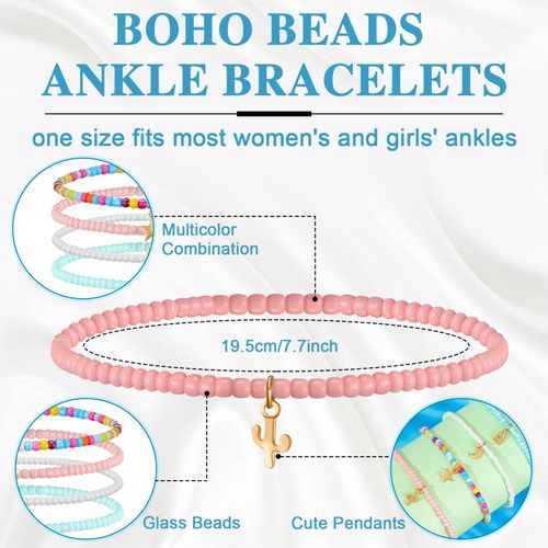 Jadive Pack of 4 Summer Boho Layered Beaded Anklets Elastic Colourful Beads Bracelet Chain Aesthetic Bohemian Anklets for Women Girls Beach Jewellery, Zinc