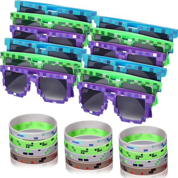 Fiada 24 Pieces Miner Party Favors Set Include 12 Pixel Sunglasses,12 Pixelated Theme Bracelet Miner Wristbands for Kids Adults Pixelated Style Video Game Player Birthday Party Favors Supplies