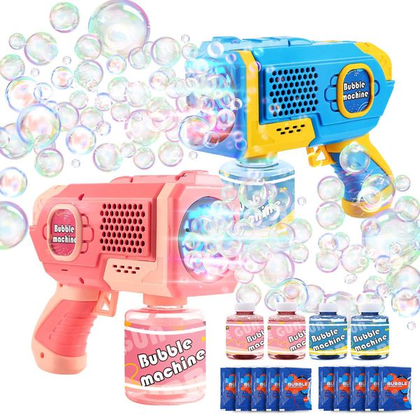 EagleStone 2 Pack Bubble Gun Machine for Kids, Automatic Light Up Bubble Blower with 4 Bottles 10 Bags Refill Solution, Bubble Guns Blaster for Toddlers, Outdoor Toys Gifts, Wedding Easter Party Favor