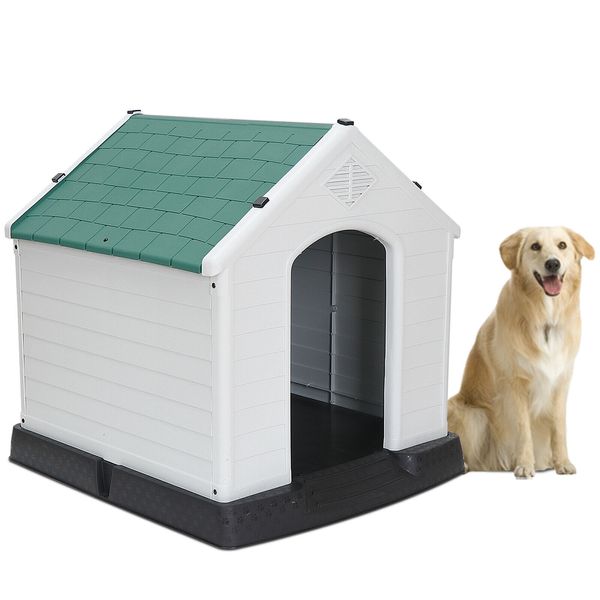 28'' H Pet Dog House w/ Elevated Floor and Air Vents Plastic Puppy Shelter Green