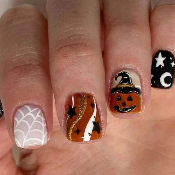 Nail tips, short, fake nails, short nails, Halloween design, DIY nails, easy gel nails, nail stickers, cute Halloween, party, photography accessories, eye-catching, popular Halloween, fake nails, nail supplies, double-sided tape 48 sheets included (pumpki