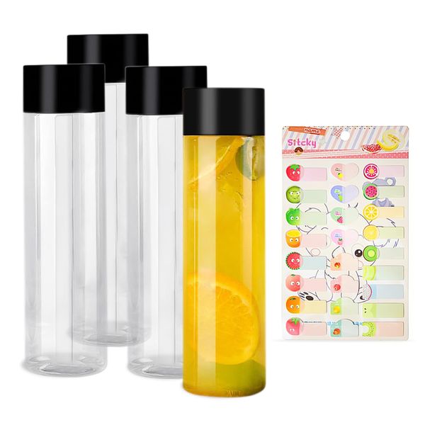 LSYYSL Four 16OZ（500ml） Transparent Cylindrical Plastic Juice Bottles, One Fruit Sticker, Reusable Milkshake Bottle, Suitable for Storing Tea, Fruit Juice, and Cold Brewed Beverages