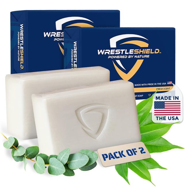 WrestleShield Bar Soap: Advanced Tea Tree & Eucalyptus Formula - Deep Cleansing, Moisturizing & Potent Odor Defense for Wrestlers, Athletes, and Sport Enthusiasts - For Underarms, Feet & Body - 2-Pack