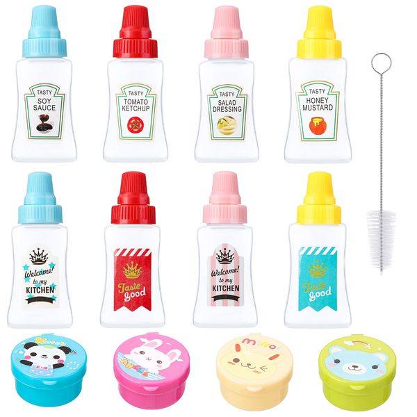 8 Pcs Mini Sauce Containers & 4 Pcs Condiment Boxes, 25ML Squeezy Sauce Bottles with Screw Cap, Portable Ketchup/Honey/Soy Sauce/Salad Dressing Bottle Dispensers for Office, Lunch Box, Picnic