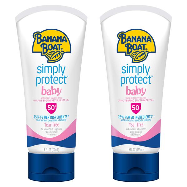 Banana Boat Baby 100% Mineral, Tear-Free, Reef Friendly, Broad Spectrum Sunscreen Lotion, SPF 50, 6oz. , 2 Count (Pack of 1)