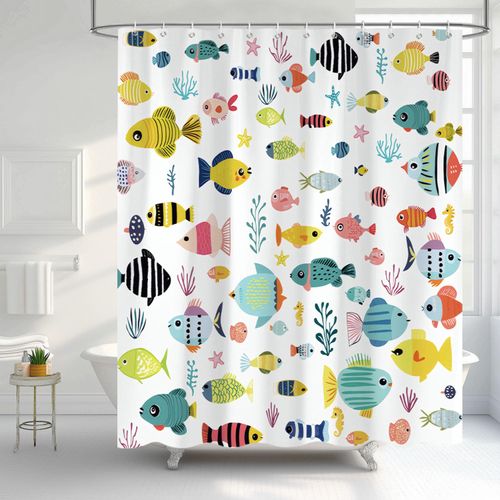 Funny Kids Shower Curtain, Cute Colorful Cartoon Fish Ocean Beach Theme Bath Curtains for Bathroom, Underwater Coastal Submarine Animal Decor Waterproof Fabric Shower Curtain Sets 12 Hooks 72X72 IN