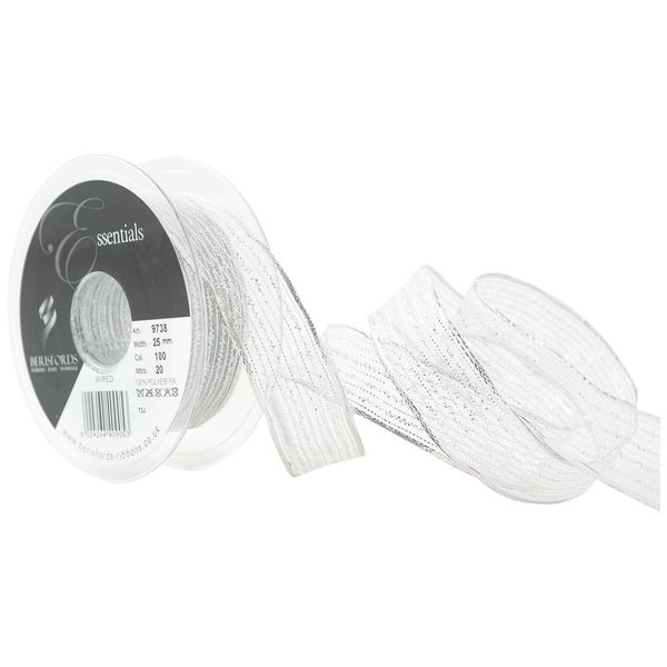 Berisfords 25 mm Wired Tinsel Mesh Ribbon, Silver