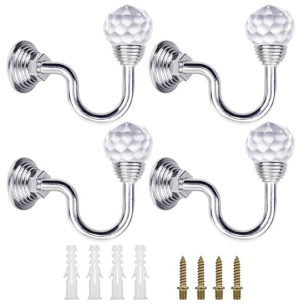 Hysagtek 4 Pcs Crystal Curtain Tie Backs Hooks Wall Mounted Curtain Holdbacks Tassel Curtain Hook Holder Coat Hanger (Silver)