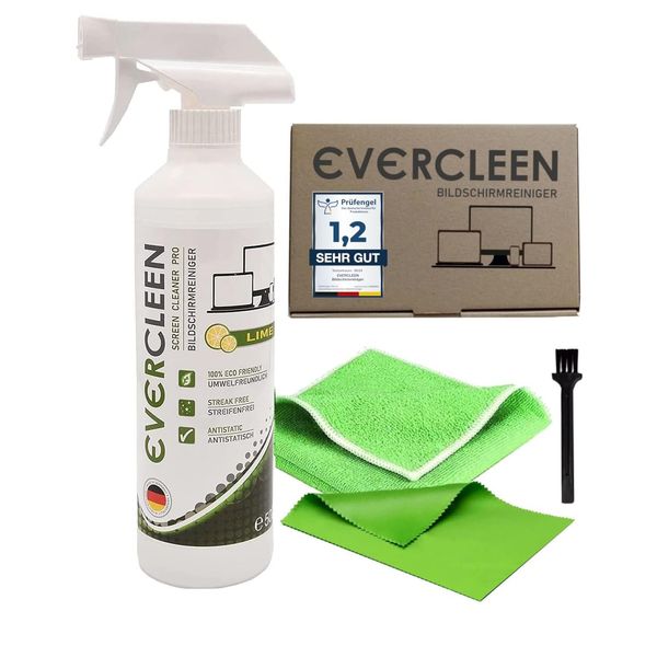 EVERCLEEN Made in Germany Screen Cleaner Pro Bildschirmreiniger 500ml + Mikrofasertuch. Umweltschonender Veganer Reiniger für TV, PC, Laptop, Tablet, Displays, Brillen & Smartphone