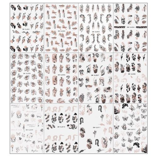 JMEOWIO Fiore Nero Rosa Oro Adesivi Unghie Nail Art 12 Fogli Stickers Unghie Autoadesivi Decorazioni Unghie Nail Art Disegni