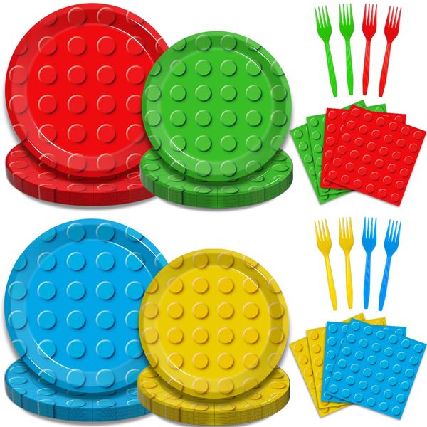 96 Pcs Building Block Party Supplies, Building Bricks Party Plates and Napkins Set Boys Girls Building Block Themed Party Dinnerware for Kids Baby Shower Birthday Party Decorations, Serves 24