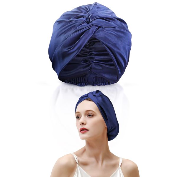 Sleeping Head Cover,Sleep Caps for Hair,Satin Hair Turban Double Layer,Night Sleep Cap,Silk Hair Wraping for Sleeping Cross Strap,Elastic Bonnet Sleep Cap for Women Girls Chemotherapy 1Pc,Navy Blue