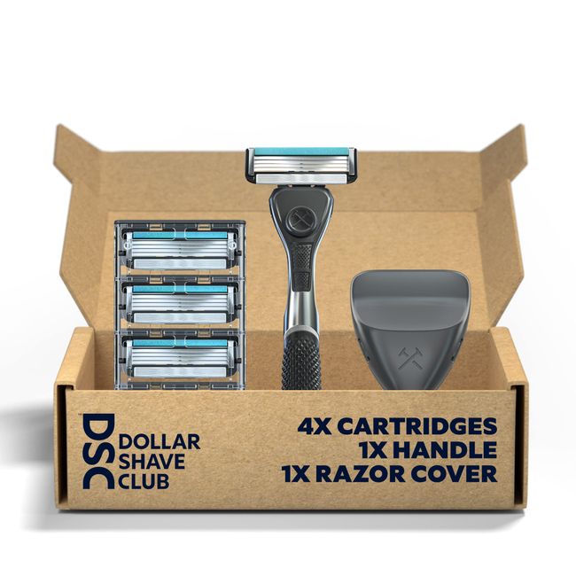 Dollar Shave Club - Shaving Kit with Diamond Grip Razor Handle, 4-Blade Blade Refills, & Blade Cover, Easy to Grip Handle, Shaving Starter Set, Great for Travel, Blue