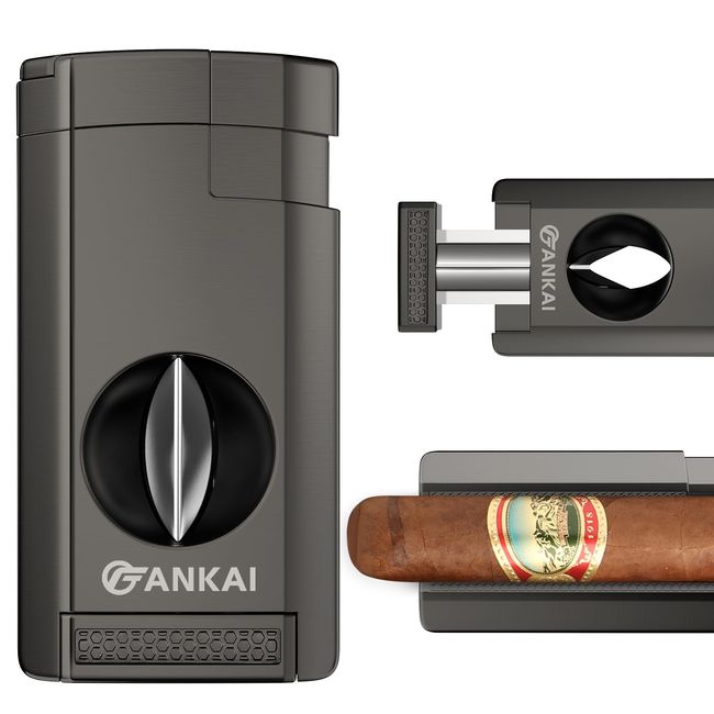 FANKAI Cigar Lighter, Torch Lighter with Deep Cigar Cutter V Cut up to 60G,Cigar Accessories Cigar Holder, Lighters for Smoking with Triple Jet Flame, Refillable Butane Lighter, Cigar Gift for Men