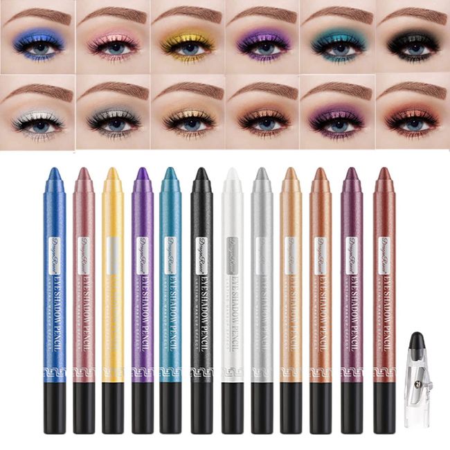 Pakivs 12 Pcs Eyeshadow Stick Set,Long Lasting Glitter Multi-Use Eyeliner Pencil &Eyeshadow Makeup Stick with Sharpener