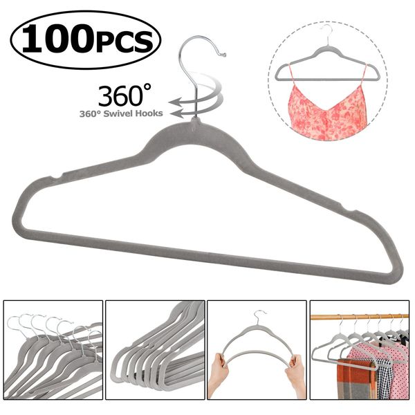 100PCS Grey Velvet Hangers for Coat Pants Non-Slip Notched Slim Clothes Hangers