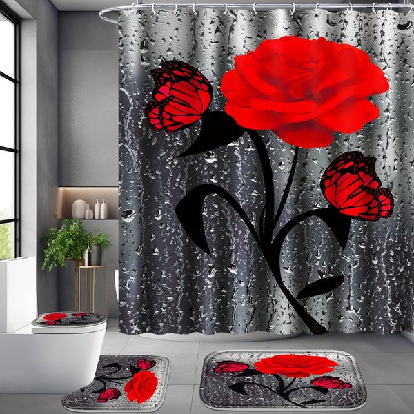 Poedist 4 Pcs Bathroom Set,Red Rose Shower Curtain Sets, Floral Shower Curtain Sets with Rugs(Bath Mat,U Shape and Toilet Lid Cover Mat) and 12 Hooks