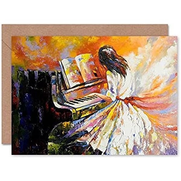 Fine Art Prints Music Piano Girl Impressionism Greeting Card With Envelope Inside Premium Quality,beige|grey|oak|black,18.5 x 13.9 x 1 cm; 22 Grams