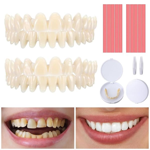 Dentures False Teeth Set, Denture Repair Kit Clip on Veneers Top and Bottom DIY Resin Denture Kit Used to Repair Missing Teeth Comes with 10 Red Wax Sheets for Men and Women with Bad Teeth