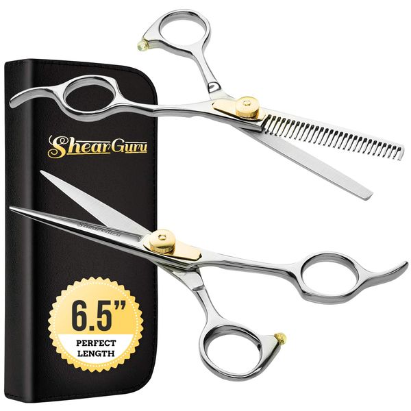 ShearGuru Professional Barber Kit/Salon Haircut Scissors Cutting Set - 6.5"-Straight Edge Razor Sharp Barber Scissors + Texturizing Thinning Shears Styling Hair for Women Men