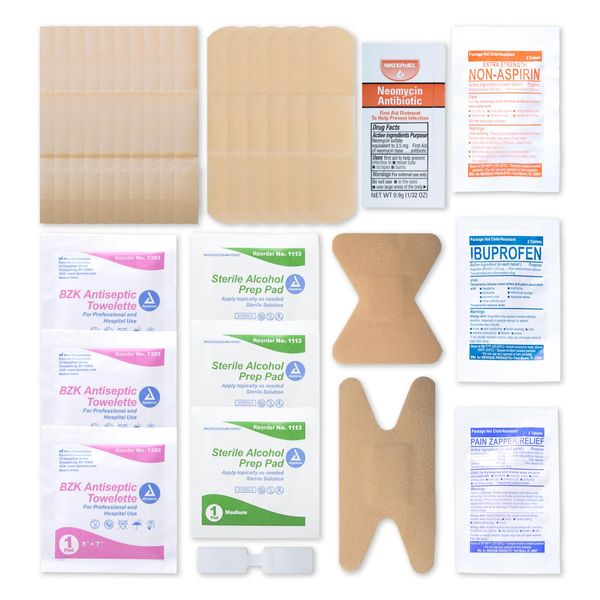 MFASCO First Aid Fill Kit Refill Pack - Hurt Ease Meds, 29pc First Aid Supplies - Travel or Personal Kits, Essential Medical Items, Compact Size, Emergency Refill, 4 X 3 X 0.5 inches