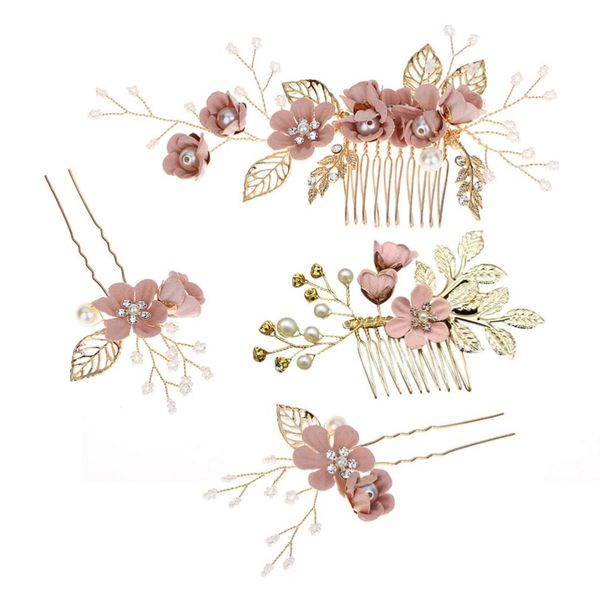 floral hair accessories 4pcs Handmade Wedding Hair Comb Clip Floral Girls Bridal Hair Accessories Rhinestone Hair Piece for Brides and Bridesmaid (Pink) bridal hair comb