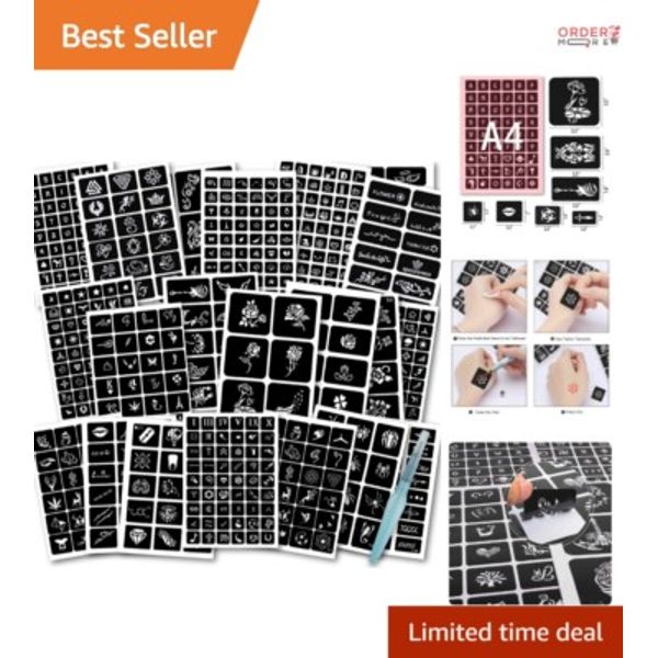 Water-Resistant Henna Tattoo Stencil Kit with Refillable Color Pen - 524 Designs