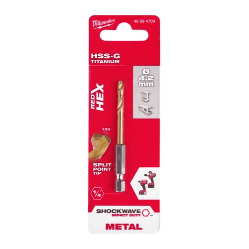 Milwaukee Shockwave Metal Drill Bit HSS-G Red Hex Titanium 1/4 Inch 4.2 x 74 mm