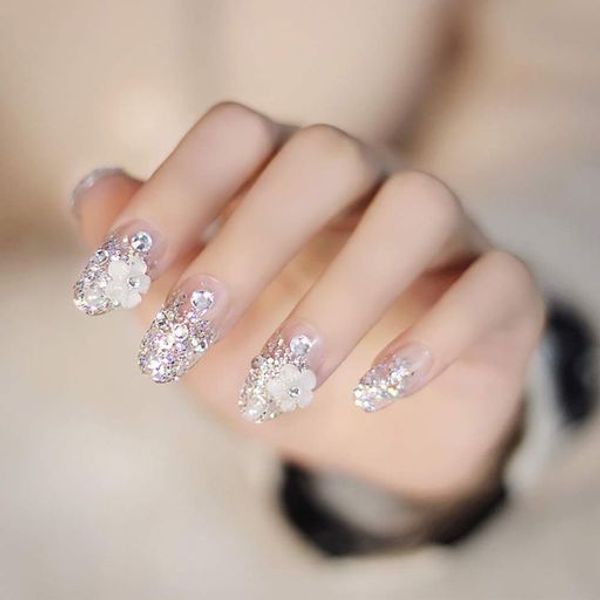 24PCS Small Flower Decoration Sparkle Nail Bride with Double-Sided Adhesive Tape Nail Tips