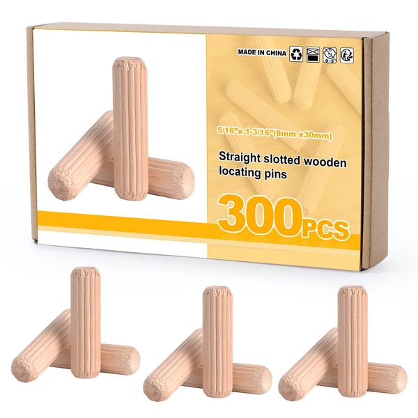 Mynoozi 300 Pcs Wooden Dowel Pins, Grooved Wooden Dowel, Fluted Dowel Pins, 8mm Dowels Wooden, Wood Dowel Pins, Grooved Dowels for Furniture Woodwork Craft DIY (8x30mm)