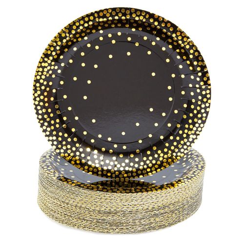 BLUE PANDA 48-Pack Black and Gold Party Plates for Anniversary Decorations - 7 Inch Paper Plates for Birthday Cake and Desserts