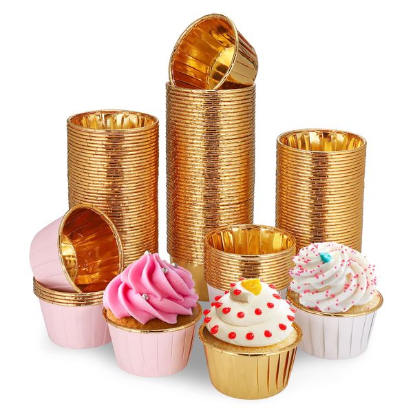 150PCS Cupcake Cases, Greaseproof Cup Cake Cases for Baking, Mini Cupcake Cases, Thick Muffin Cases, Gold/White/Rose Baking Cups for Cupcakes (68 x 40mm)