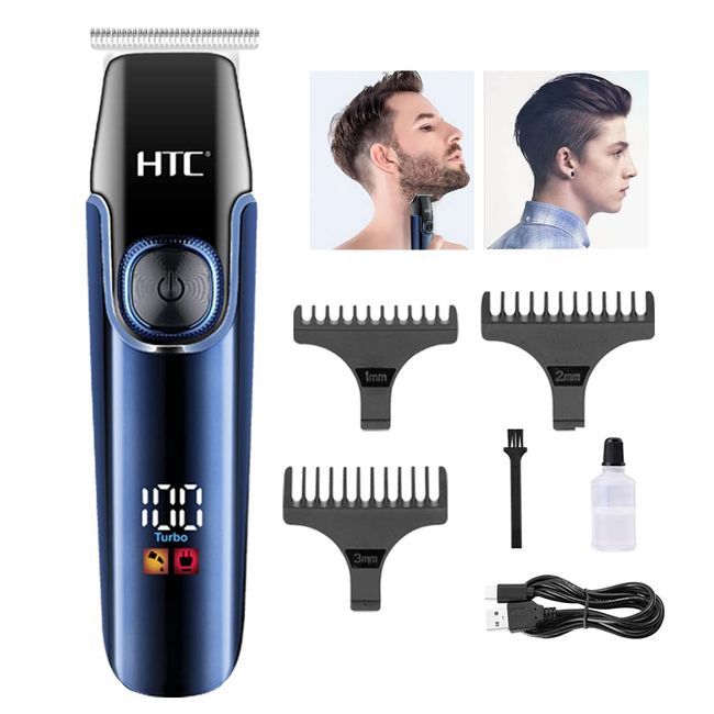 HTC Hair Clipper, Beard Trimmer with 2 Speed Settings, USB Rechargeable Cordless T-Shape Shaver with LED Display and 3 Combs, AT588