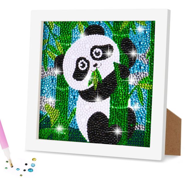 AUAUY 5D Diamond Painting Kit for Kids, Art Crafts Kits with Wooden Frame, Cartoon Diamond Art Easy Kits, Anime Diamond Painting Full Drill Diamond Art Gem Painting for Girls Boys Beginners (Panda)