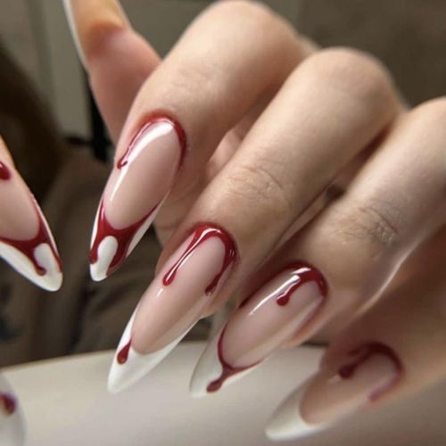 Halloween Press on Nails Stiletto Fake Nails Full Cover Red Blood Droplets Designs Medium Artificial Nails White French Tip Stick on Nails Terror Evil Artificial Nails for Women Girls 24pcs