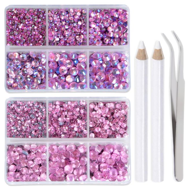 LPBeads 6400 Pieces Pink and Pink AB Hotfix Rhinestones Flat Back 5 Mixed Sizes Crystal Round Glass Gems with Tweezers and Picking Rhinestones Pen